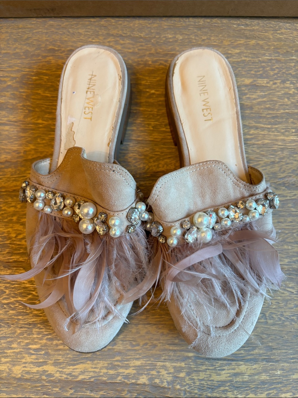 Nine West Blush Feather, Embellished and Pearl Slide Mules